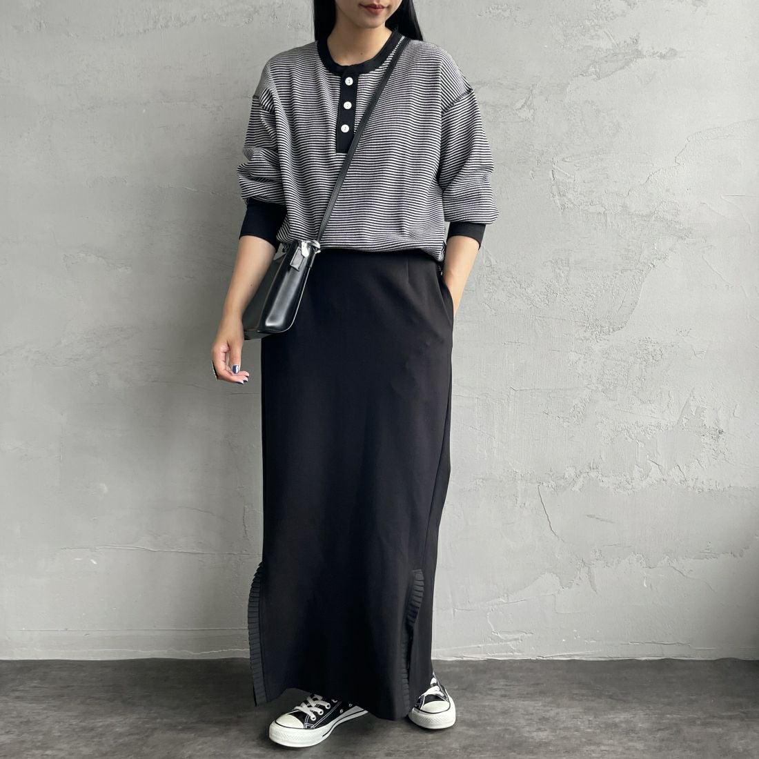 USINE [ユジーヌ] プリーツフリルスカート [2430805] BLACK &&モデル身長：156cm 着用サイズ：38&&