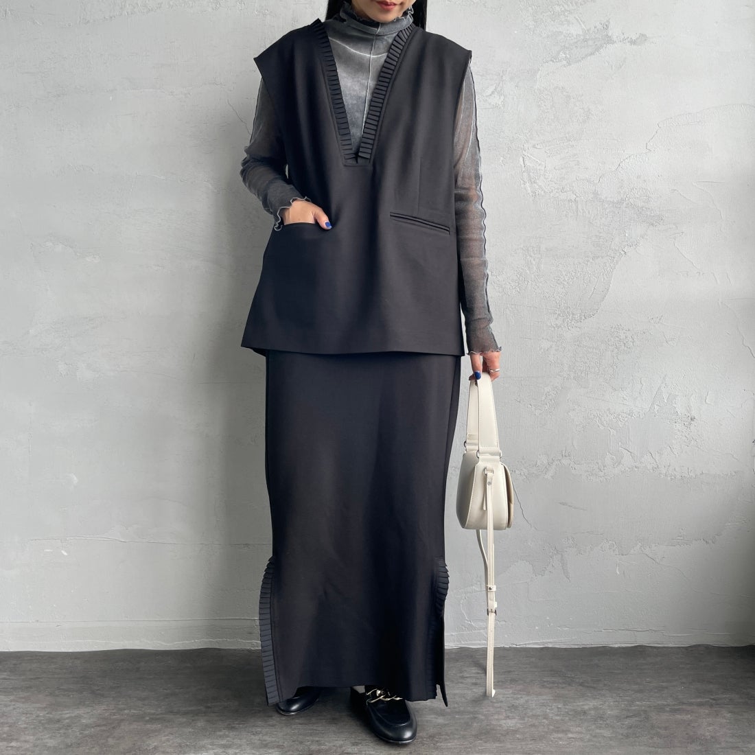 USINE [ユジーヌ] プリーツフリルスカート [2430805] BLACK &&モデル身長：156cm 着用サイズ：38&&