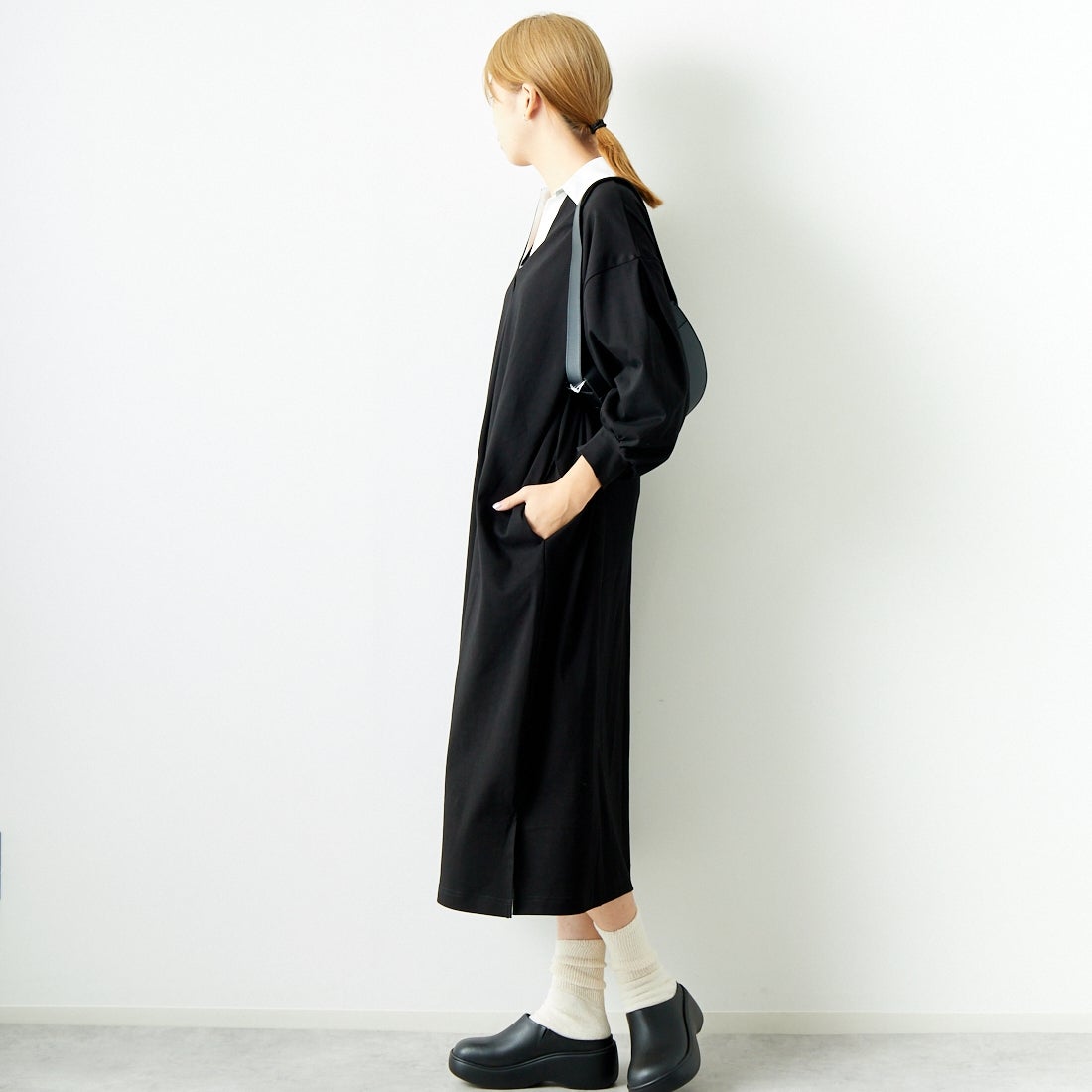 Jeans Factory Clothes [ジーンズファクトリークローズ] ラガーワンピース [143613] 09 ﾌﾞﾗｯｸ &&モデル身長：167cm 着用サイズ：F&&