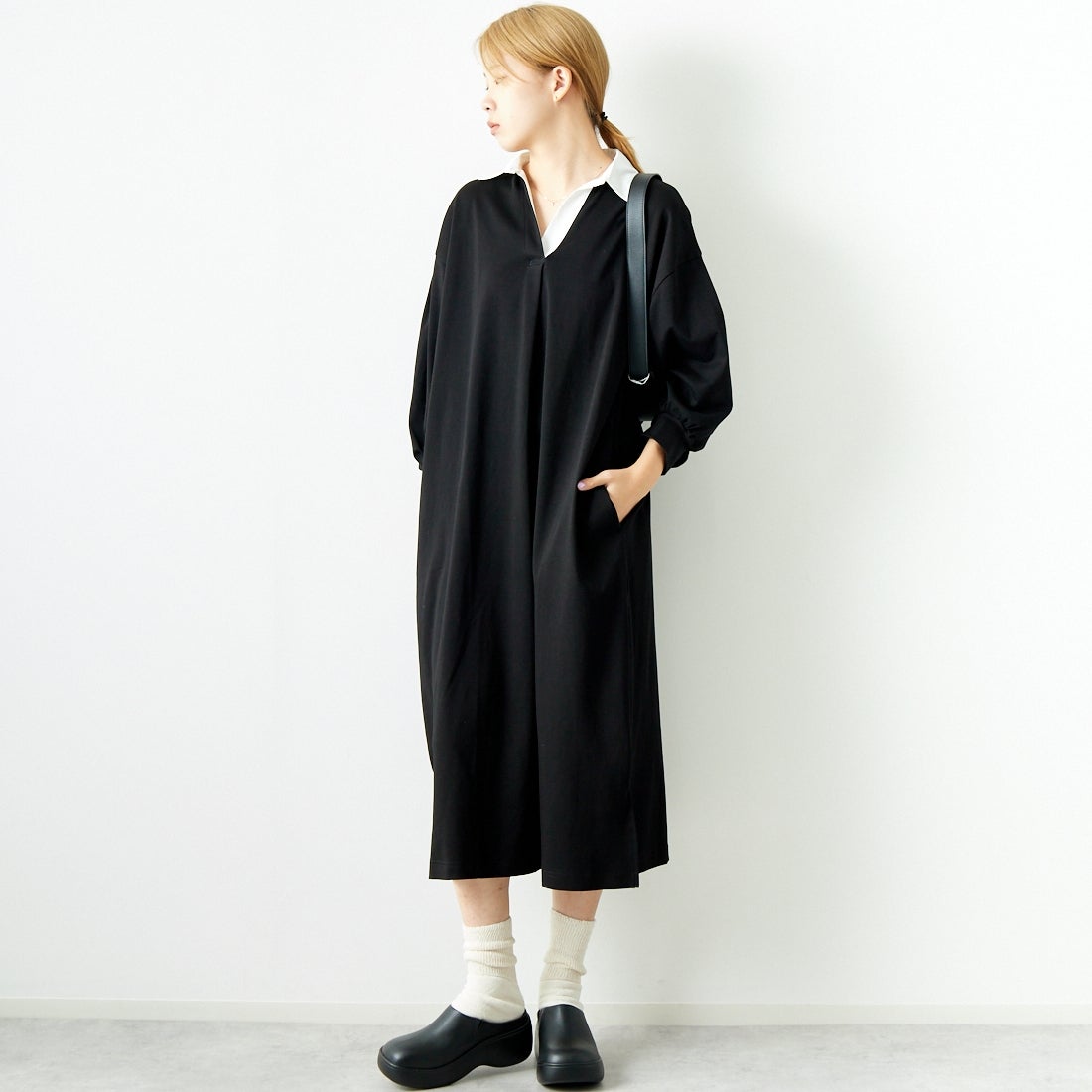 Jeans Factory Clothes [ジーンズファクトリークローズ] ラガーワンピース [143613] 09 ﾌﾞﾗｯｸ &&モデル身長：167cm 着用サイズ：F&&