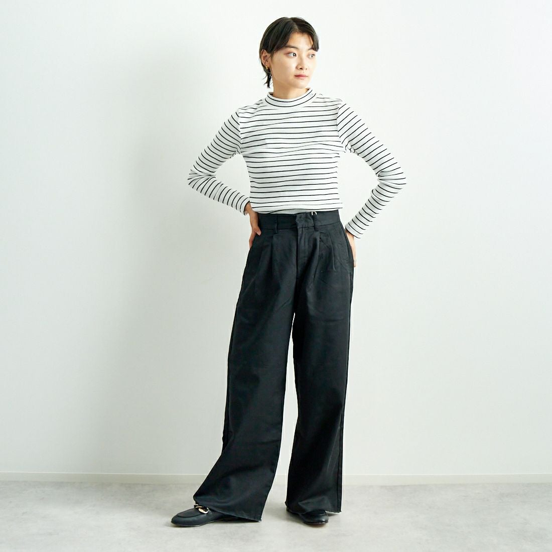 Jeans Factory Clothes [ジーンズファクトリークローズ] チノワイドパンツ [24SSINW-01PN] ﾌﾞﾗｯｸ &&モデル身長：160cm 着用サイズ：S&&
