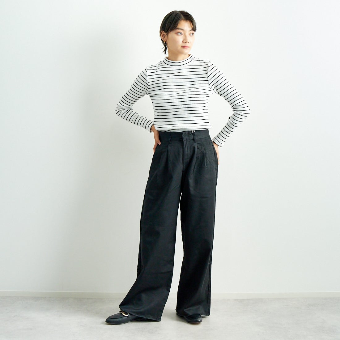 Jeans Factory Clothes [ジーンズファクトリークローズ] チノワイドパンツ [24SSINW-01PN] ﾌﾞﾗｯｸ &&モデル身長：160cm 着用サイズ：S&&