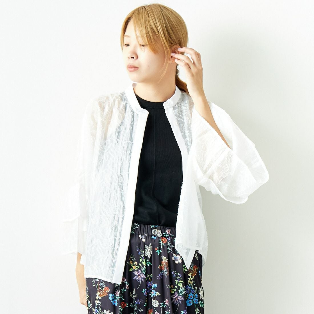 Jeans Factory Clothes [ジーンズファクトリークローズ] カットジャガードシャツジャケット [7443332] OFF WHITE &&モデル身長：167cm 着用サイズ：F&&