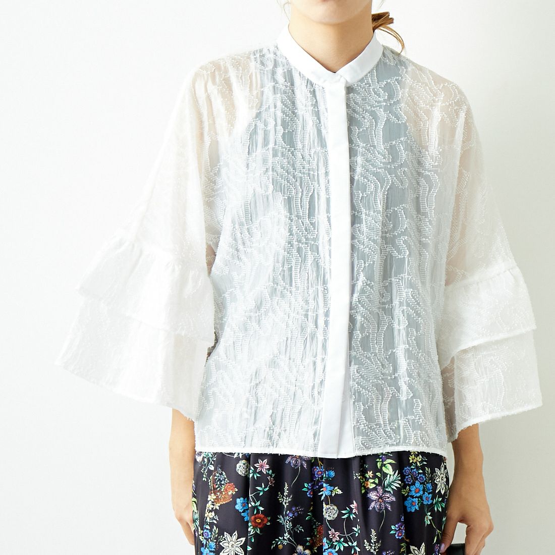 Jeans Factory Clothes [ジーンズファクトリークローズ] カットジャガードシャツジャケット [7443332] OFF WHITE &&モデル身長：167cm 着用サイズ：F&&