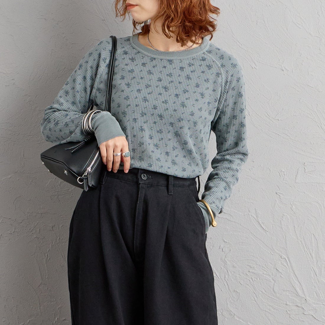 JE MORGAN [ジェイイーモーガン] ワッフルオーバーダイ ロングスリーブTシャツ [JE053-19S] 06 GRAY &&モデル身長：158cm 着用サイズ：F&&