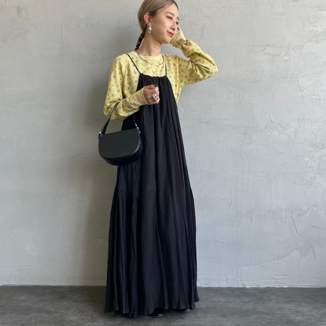 JE MORGAN [ジェイイーモーガン] ワッフルオーバーダイ ロングスリーブTシャツ [JE053-19S] 63 YELLOW &&モデル身長：150cm 着用サイズ：F&&