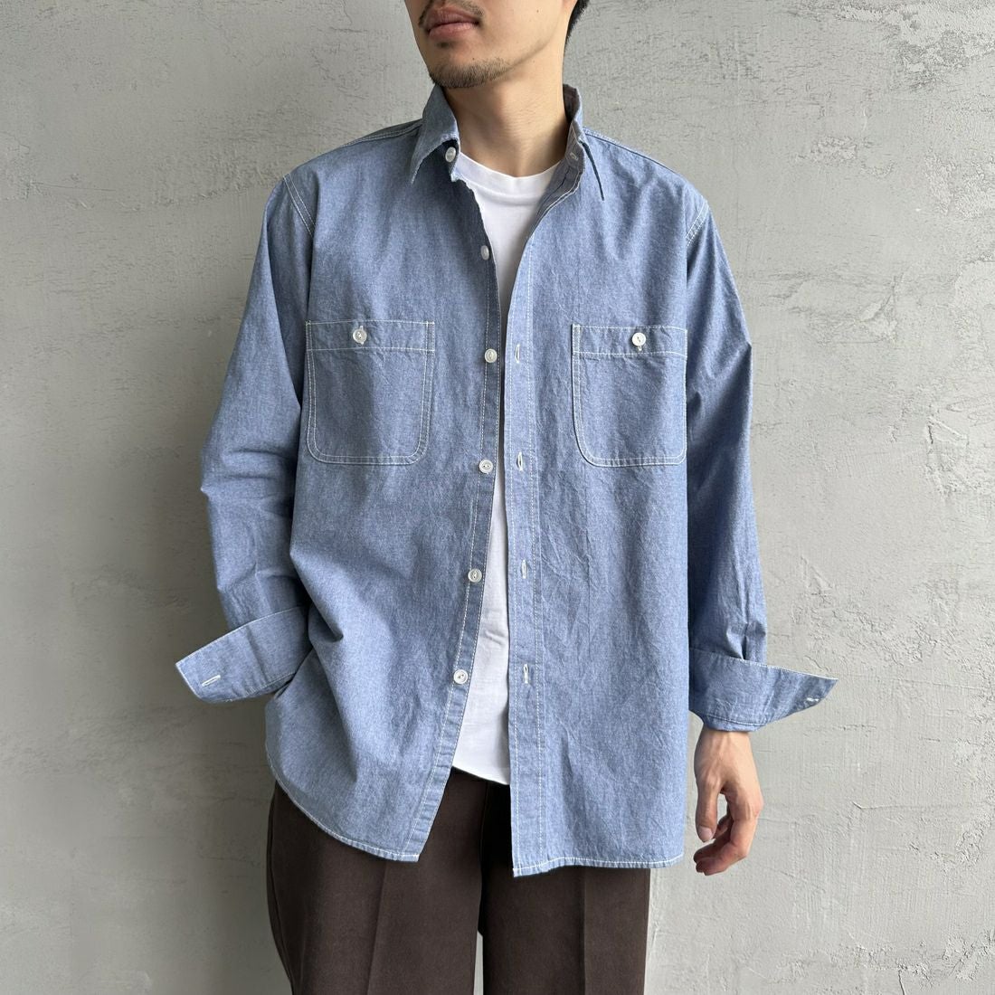 PAY DAY [ペイデイ] 別注 シャンブレーシャツ [PD21-SH-IN4-JF] BLUE &&モデル身長：168cm 着用サイズ：M&&