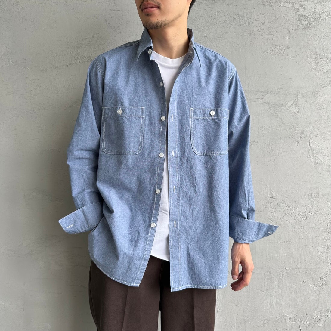 PAY DAY [ペイデイ] 別注 シャンブレーシャツ [PD21-SH-IN4-JF] BLUE &&モデル身長：168cm 着用サイズ：M&&