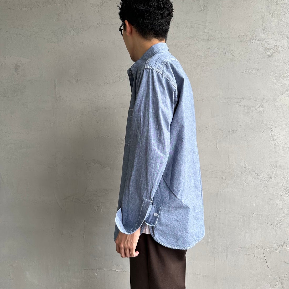 PAY DAY [ペイデイ] 別注 シャンブレーシャツ [PD21-SH-IN4-JF] BLUE &&モデル身長：168cm 着用サイズ：M&&