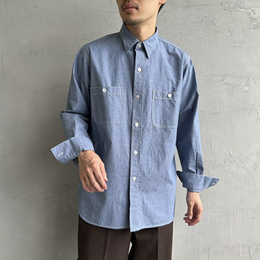 PAY DAY [ペイデイ] 別注 シャンブレーシャツ [PD21-SH-IN4-JF] BLUE &&モデル身長：168cm 着用サイズ：M&&