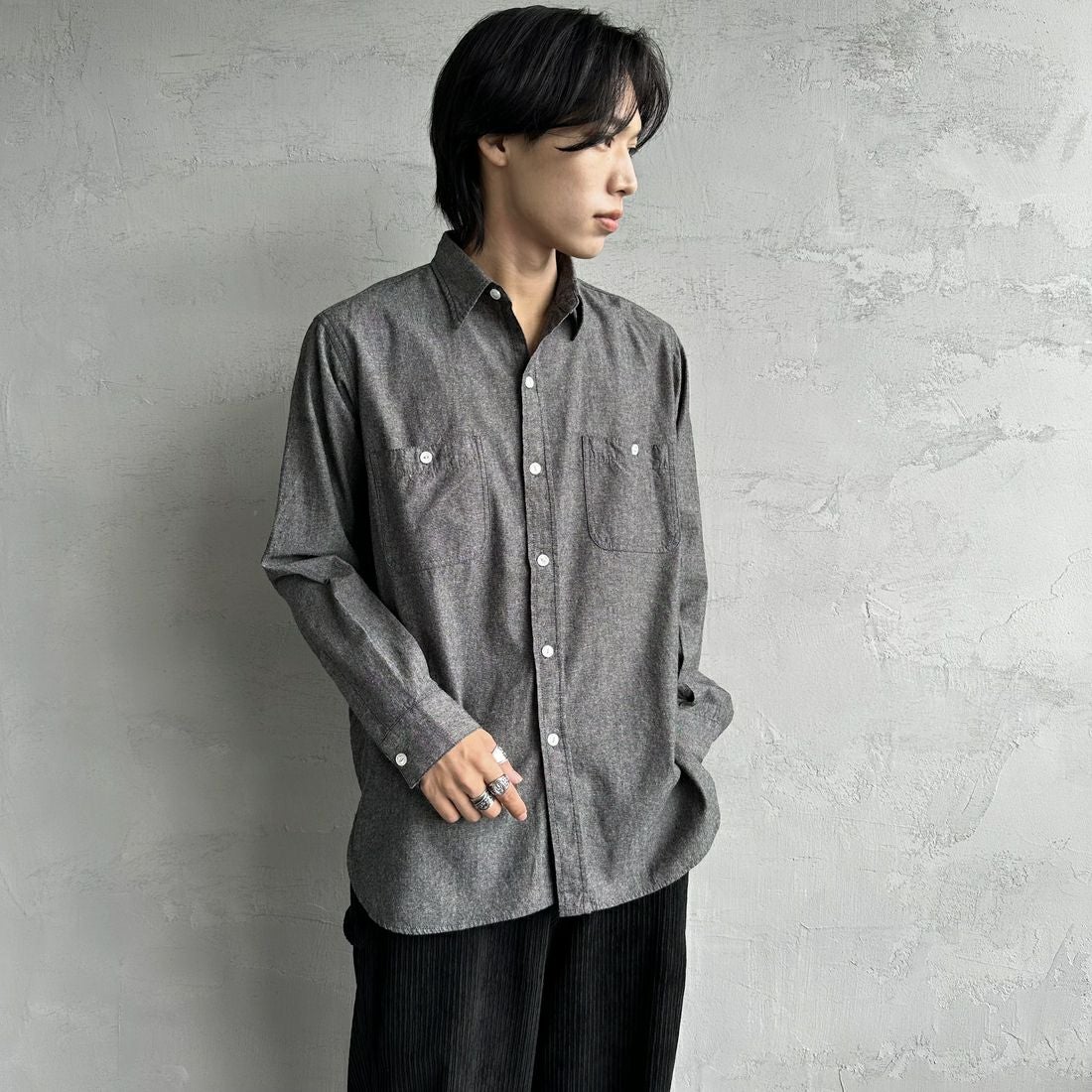 PAY DAY [ペイデイ] 別注 シャンブレーシャツ [PD21-SH-IN4-JF] BLACK &&モデル身長：179cm 着用サイズ：L&&