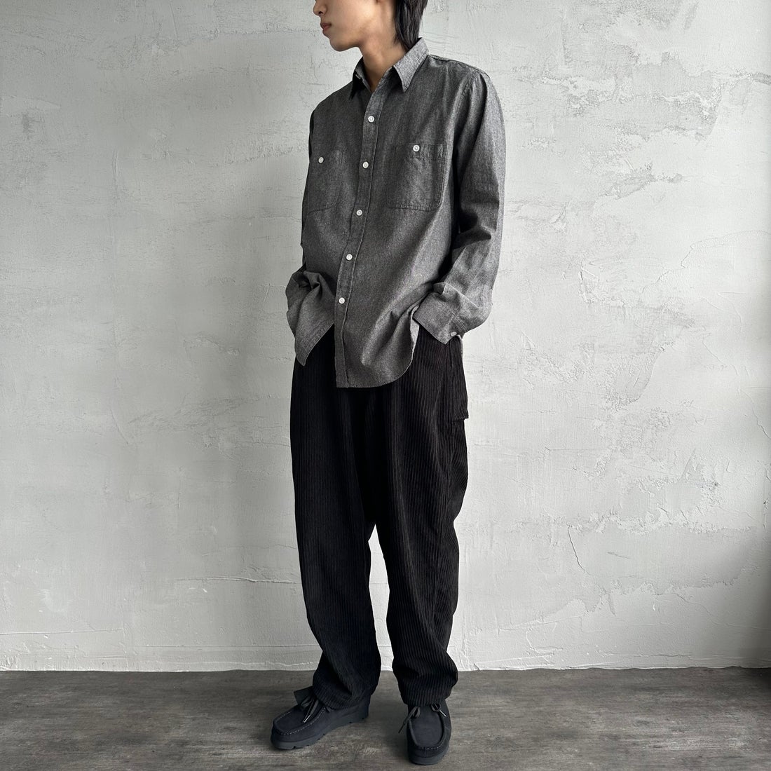 PAY DAY [ペイデイ] 別注 シャンブレーシャツ [PD21-SH-IN4-JF] BLACK &&モデル身長：179cm 着用サイズ：L&&