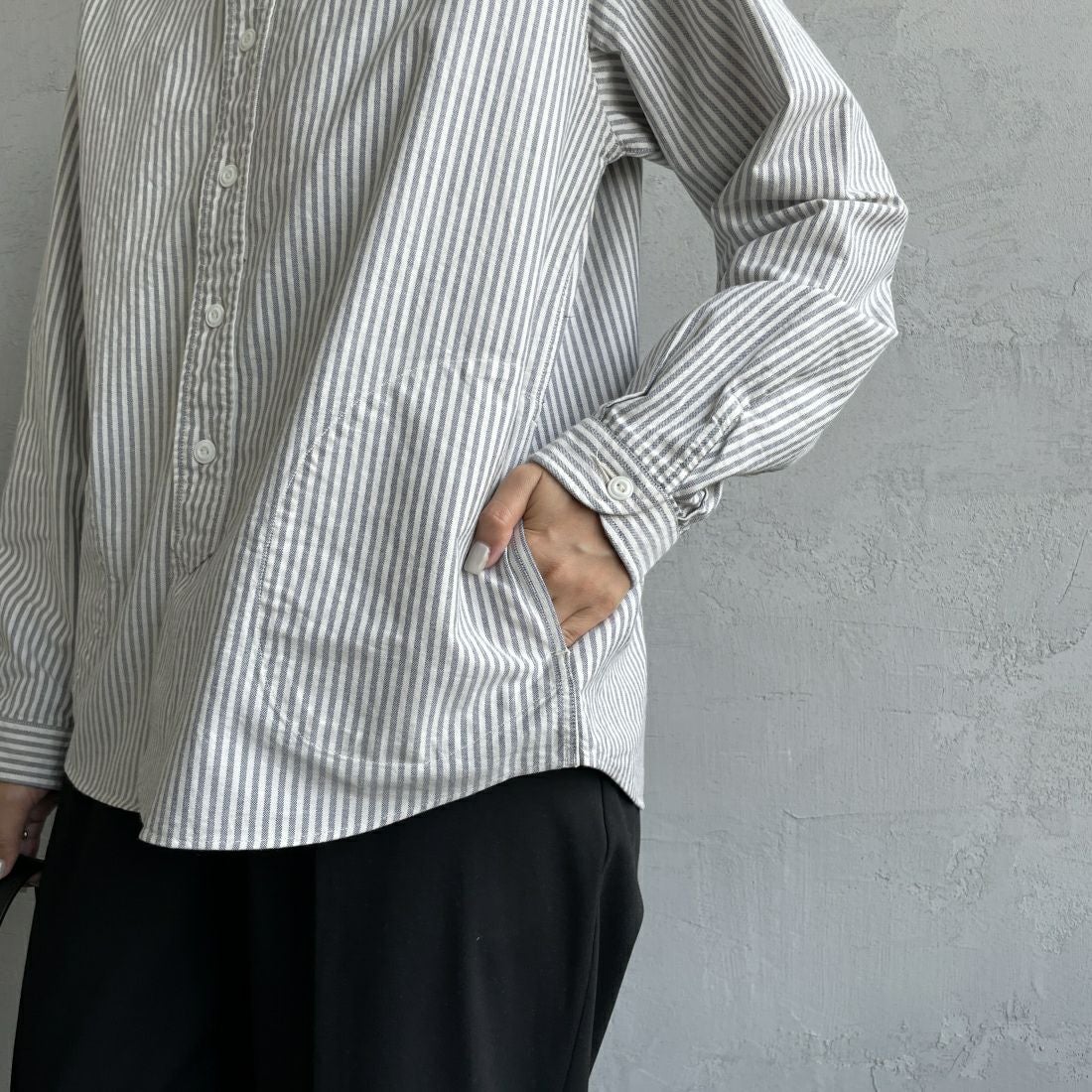 DANTON [ダントン] バンドカラーシャツ [DT-B0279OXP] NVY/ECR ST &&モデル身長：163cm 着用サイズ：36&&