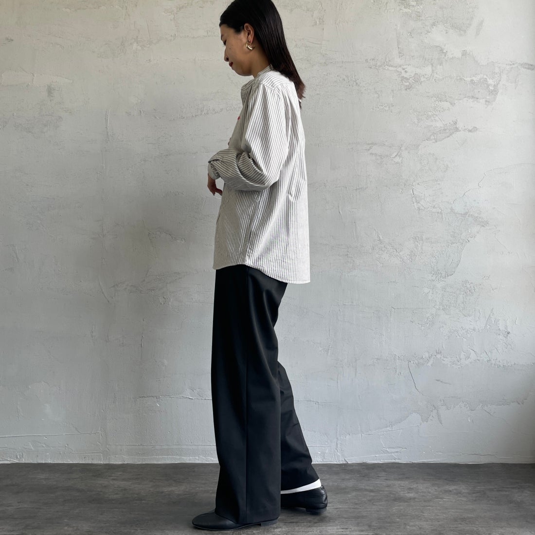 DANTON [ダントン] バンドカラーシャツ [DT-B0279OXP] NVY/ECR ST &&モデル身長：163cm 着用サイズ：36&&