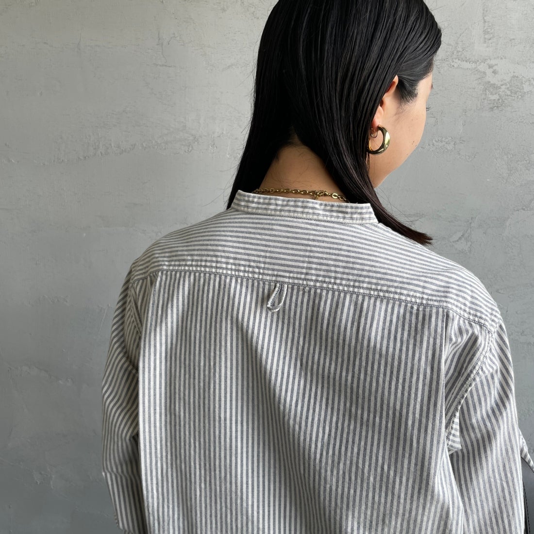 DANTON [ダントン] バンドカラーシャツ [DT-B0279OXP] NVY/ECR ST &&モデル身長：163cm 着用サイズ：36&&