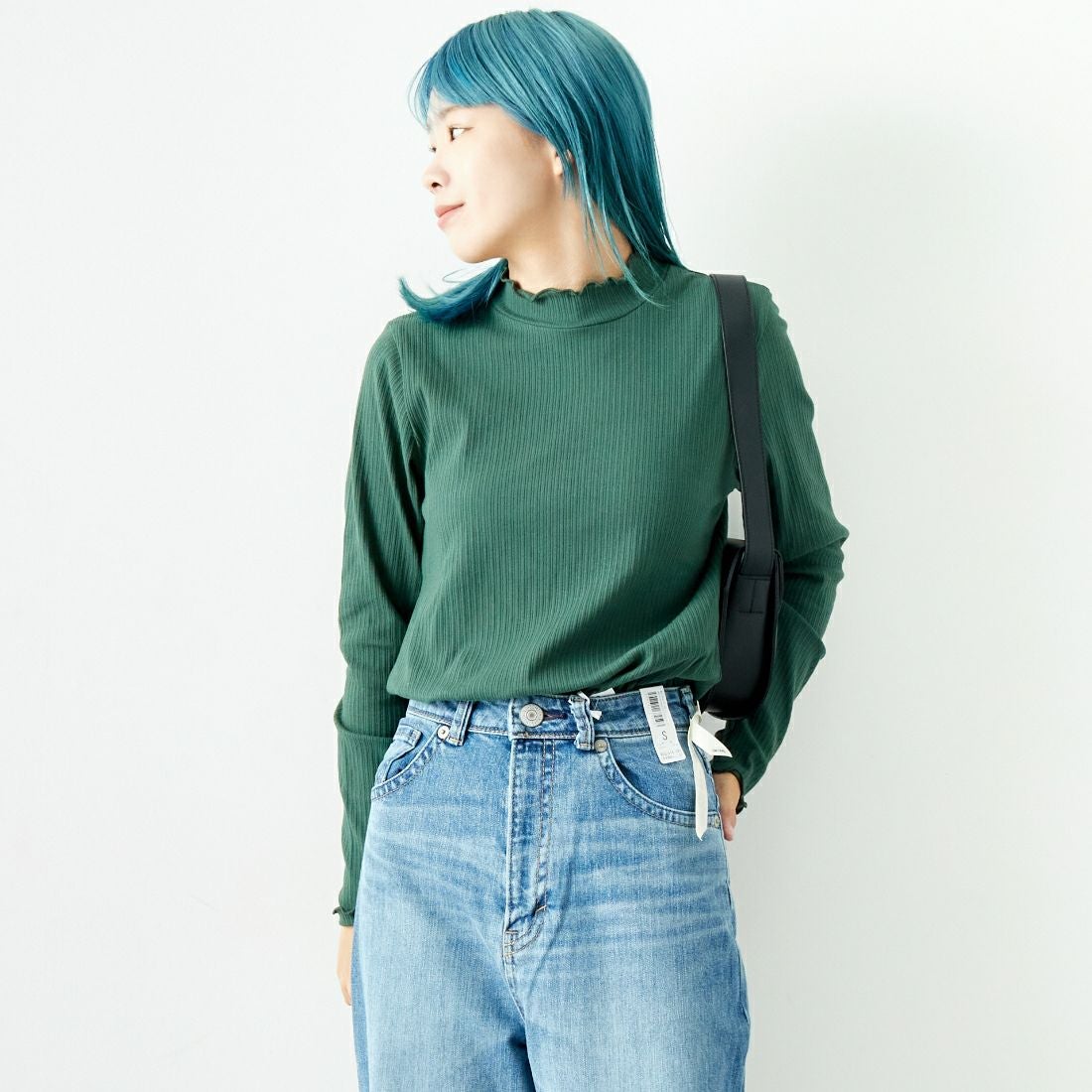 Jf Ready Made [ジェイエフレディメイド] ランダムテレコメローハイネックTシャツ [3005103] 401 ｸﾞﾘｰﾝ &&モデル身長：167cm 着用サイズ：F&&