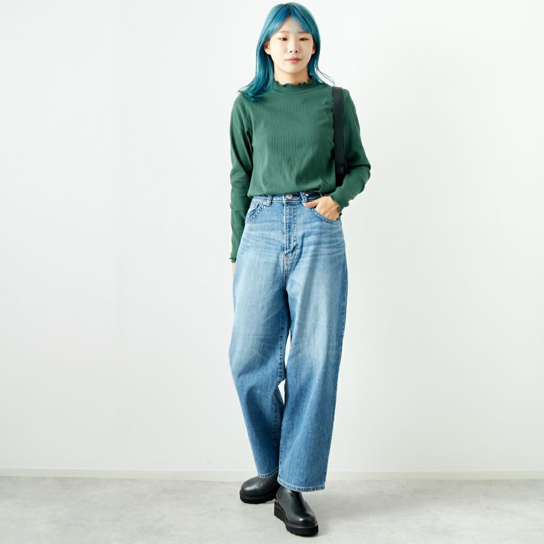 Jf Ready Made [ジェイエフレディメイド] ランダムテレコメローハイネックTシャツ [3005103] 401 ｸﾞﾘｰﾝ &&モデル身長：167cm 着用サイズ：F&&