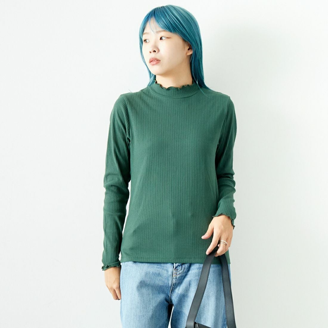 Jf Ready Made [ジェイエフレディメイド] ランダムテレコメローハイネックTシャツ [3005103] 401 ｸﾞﾘｰﾝ &&モデル身長：167cm 着用サイズ：F&&