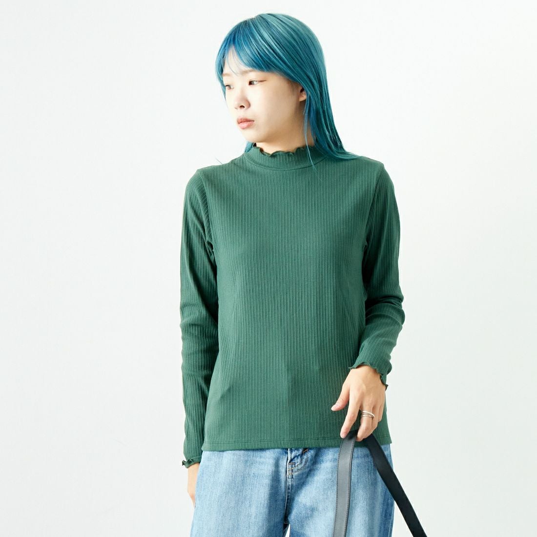 Jf Ready Made [ジェイエフレディメイド] ランダムテレコメローハイネックTシャツ [3005103] 401 ｸﾞﾘｰﾝ &&モデル身長：167cm 着用サイズ：F&&