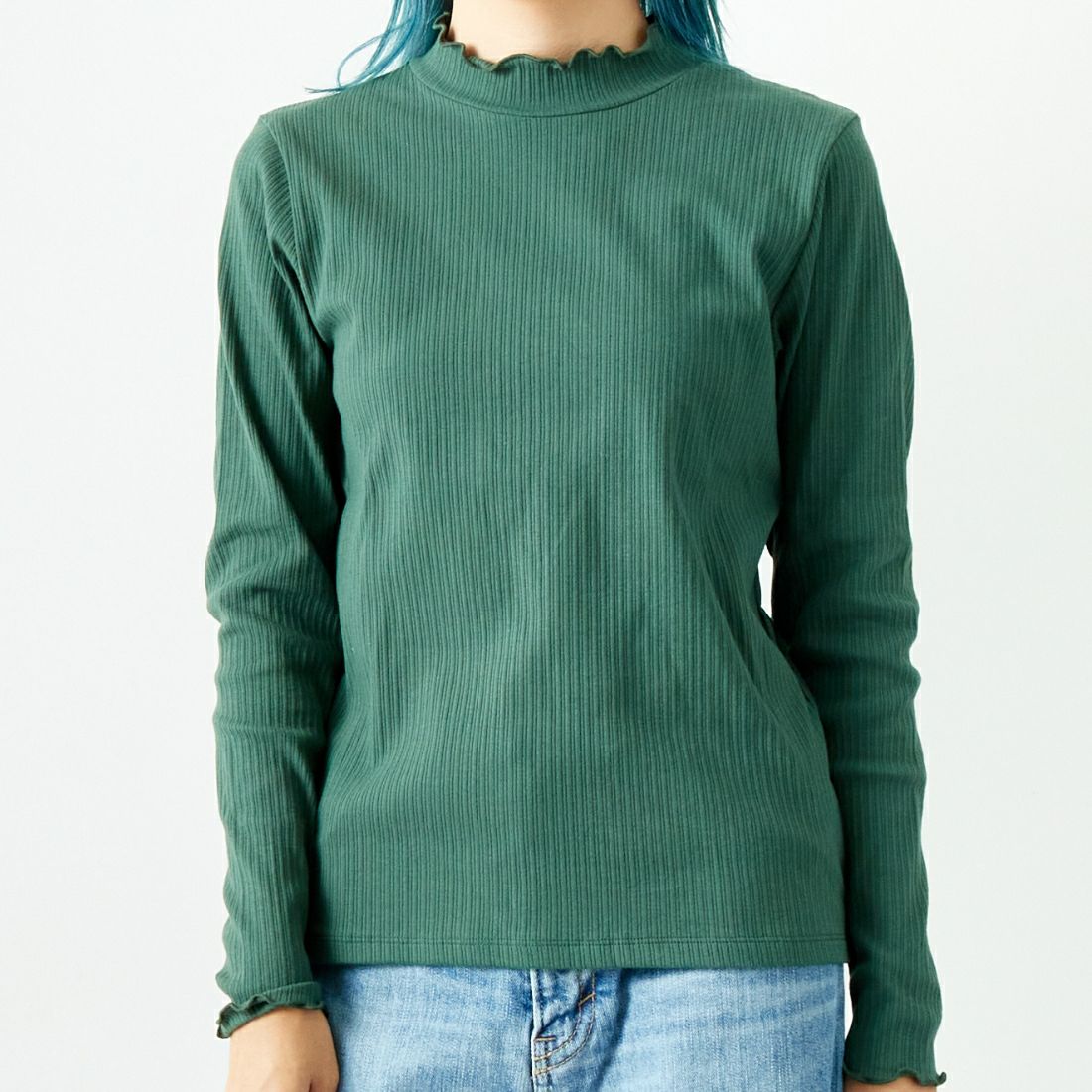 Jf Ready Made [ジェイエフレディメイド] ランダムテレコメローハイネックTシャツ [3005103] 401 ｸﾞﾘｰﾝ &&モデル身長：167cm 着用サイズ：F&&