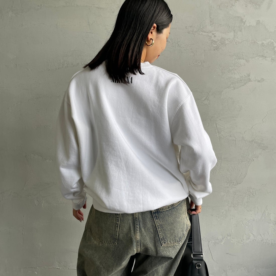 GOOD ROCK SPEED [グッドロックスピード] 別注 NIRVANA プリントスウェット [INTN-021-JF] WHITE &&モデル身長：163cm 着用サイズ：M&&