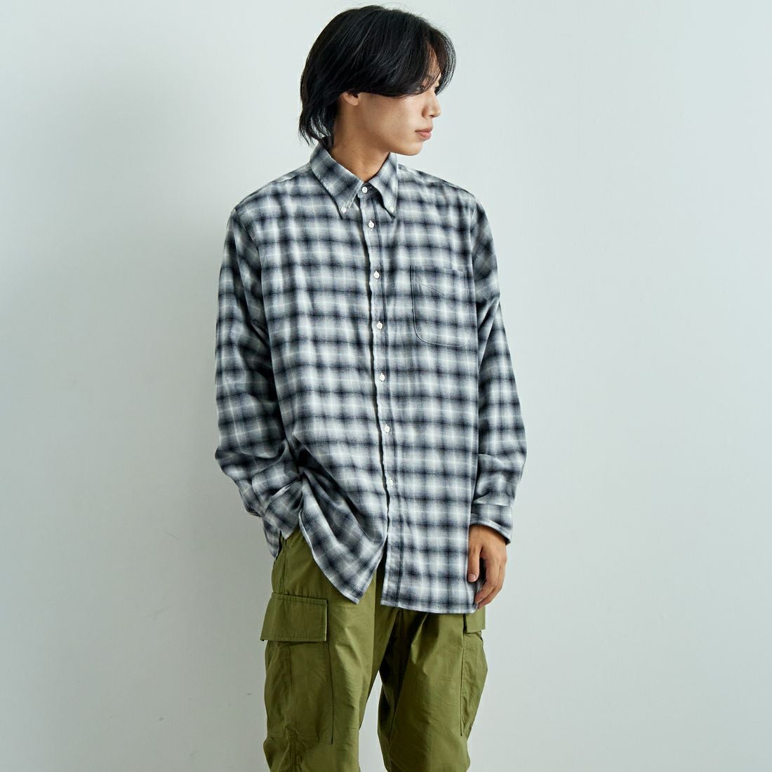 INDIVIDUALIZED SHIRTS [インディビジュアライズド シャツ] 別注 フランネルプレイドシャツ [IS200000001-JF] R12GFP BLK &&モデル身長：179cm 着用サイズ：16H&&