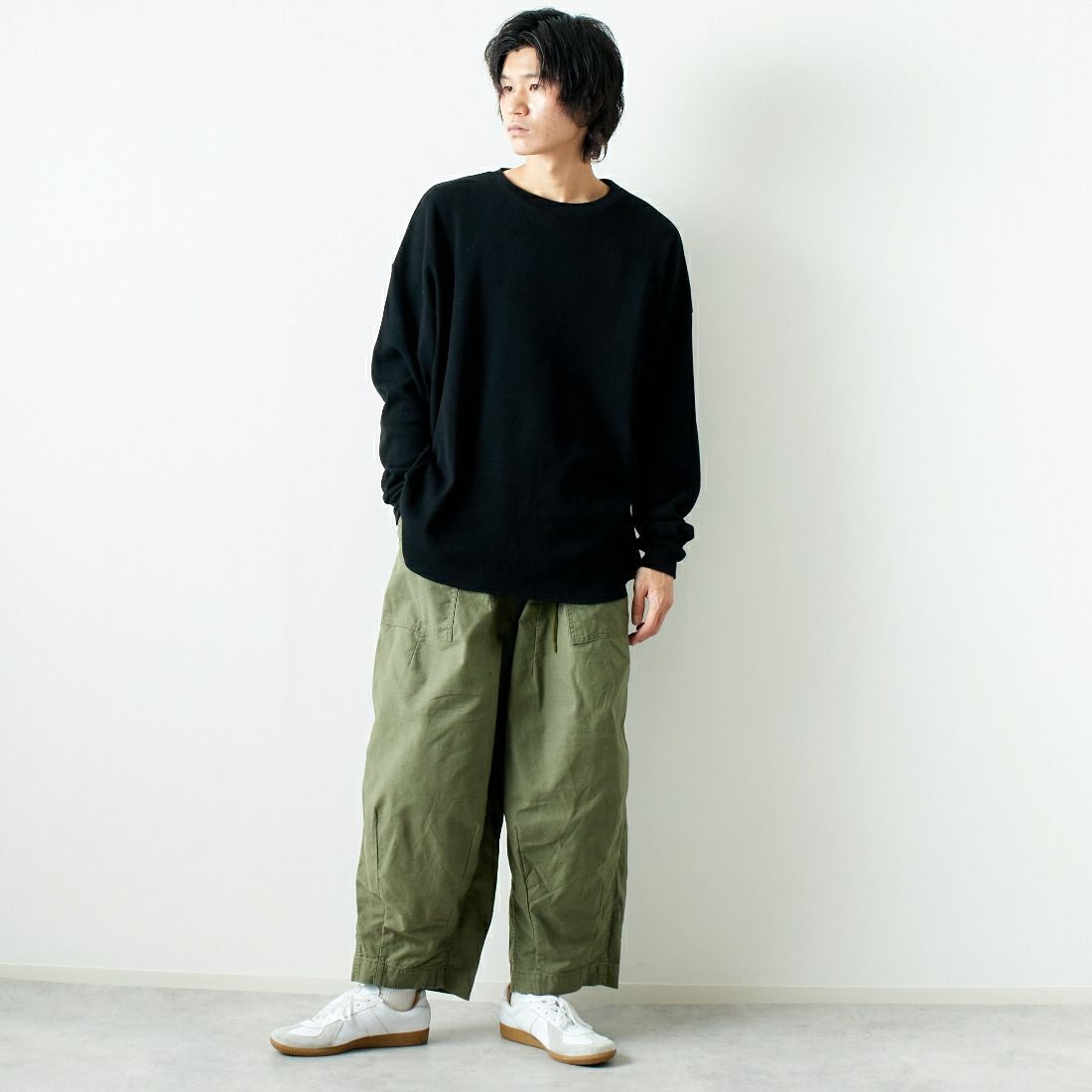 iori [イオリ] 別注 サーマルロングスリーブTシャツ [IP78-JF] BLACK &&モデル身長：182cm 着用サイズ：3&&