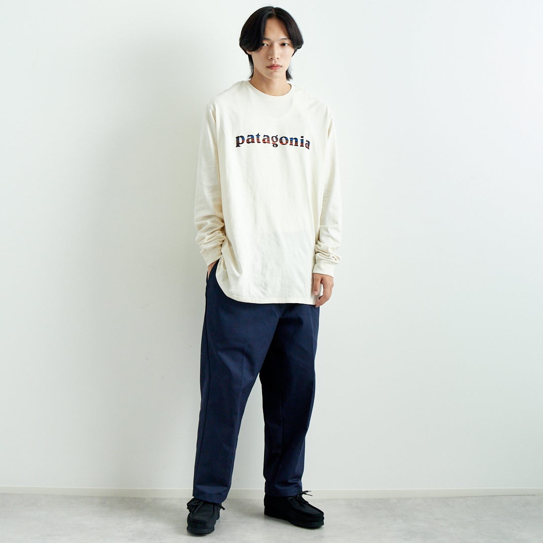 patagonia [パタゴニア] メンズ 73テキストロゴ レスポンシビリティーTシャツ [37780] BCW &&モデル身長：179cm 着用サイズ：L&&