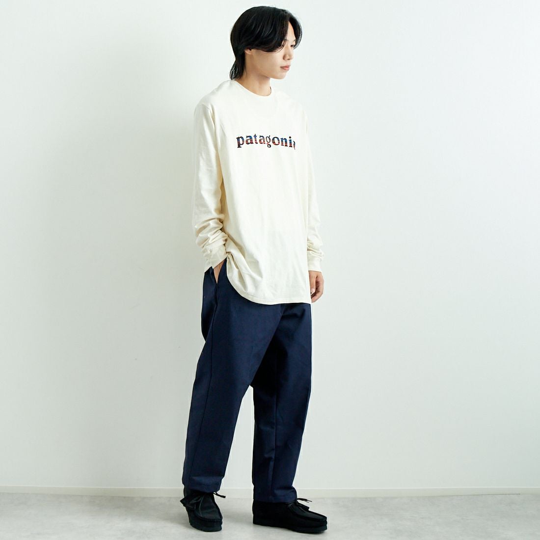 patagonia [パタゴニア] メンズ 73テキストロゴ レスポンシビリティーTシャツ [37780] BCW &&モデル身長：179cm 着用サイズ：L&&