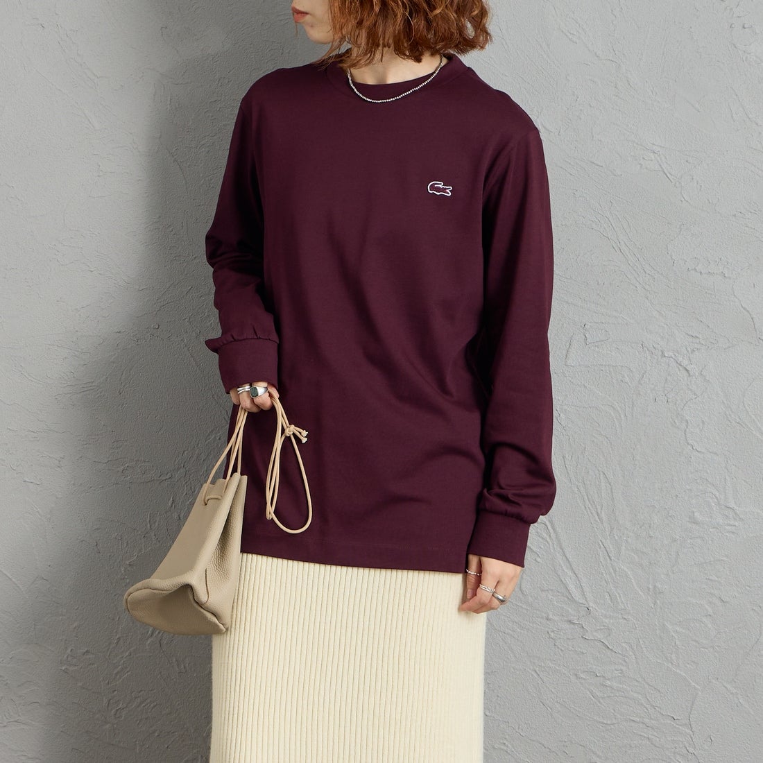 LACOSTE [ラコステ] ベーシックロングスリーブTシャツ [TH5583] 3KE BROWN &&モデル身長：158cm 着用サイズ：2&&