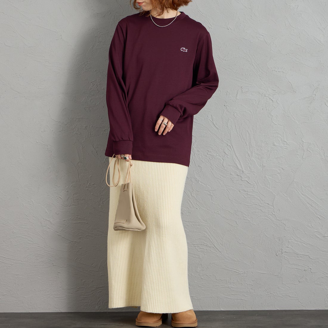 LACOSTE [ラコステ] ベーシックロングスリーブTシャツ [TH5583] 3KE BROWN &&モデル身長：158cm 着用サイズ：2&&