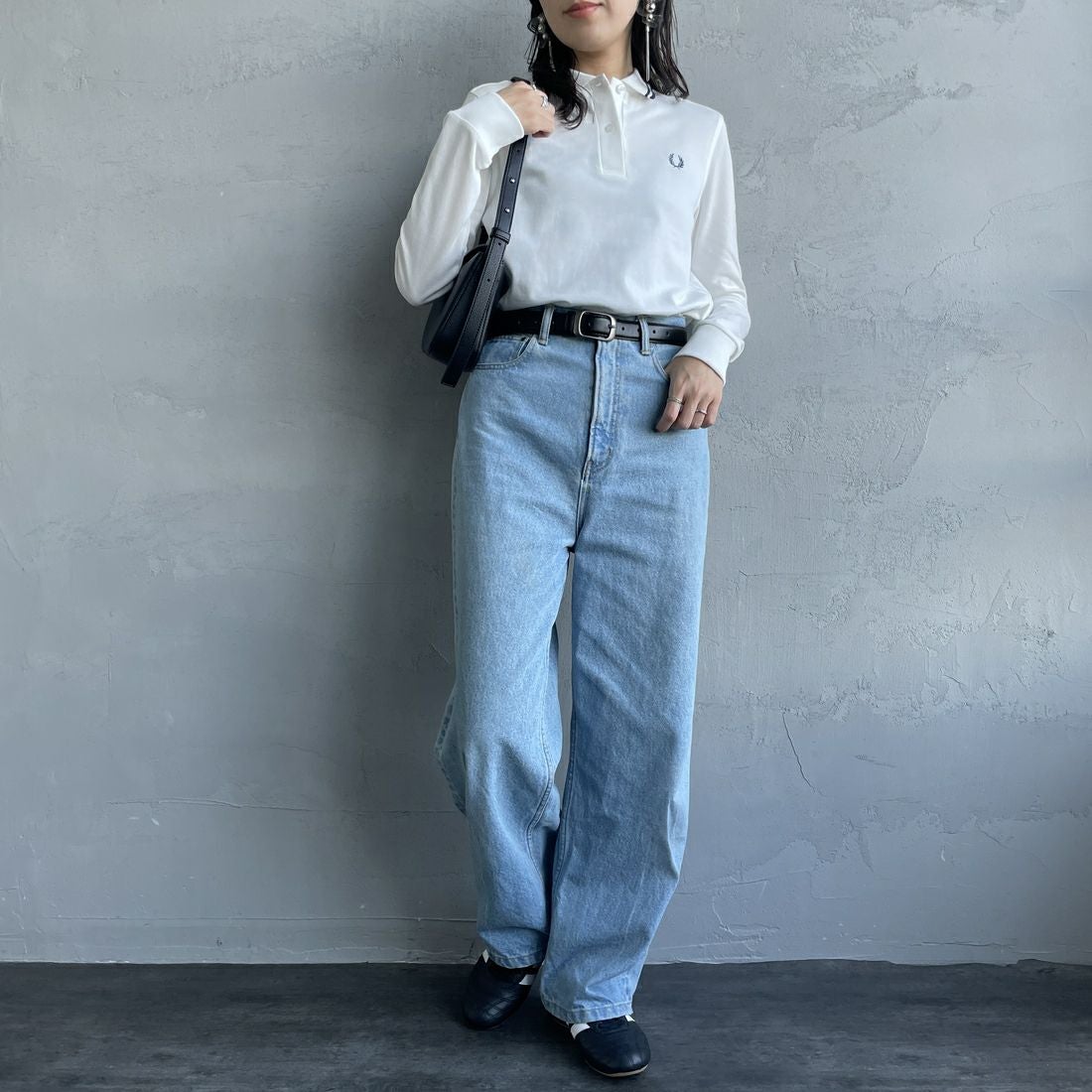 FRED PERRY [フレッドペリー] ツインティップライン ロングスリーブポロシャツ [G3636] Z78 SNOW W &&モデル身長：160cm 着用サイズ：10&&