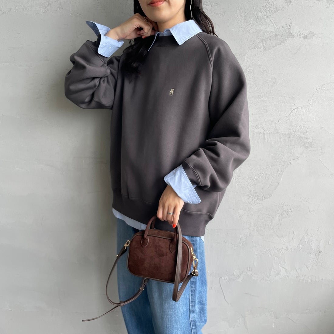 Gymphlex [ジムフレックス] スウィングスリーブ クルーネックスウェット [GY-C0291TCF] CHARCOAL &&モデル身長：160cm 着用サイズ：14&&