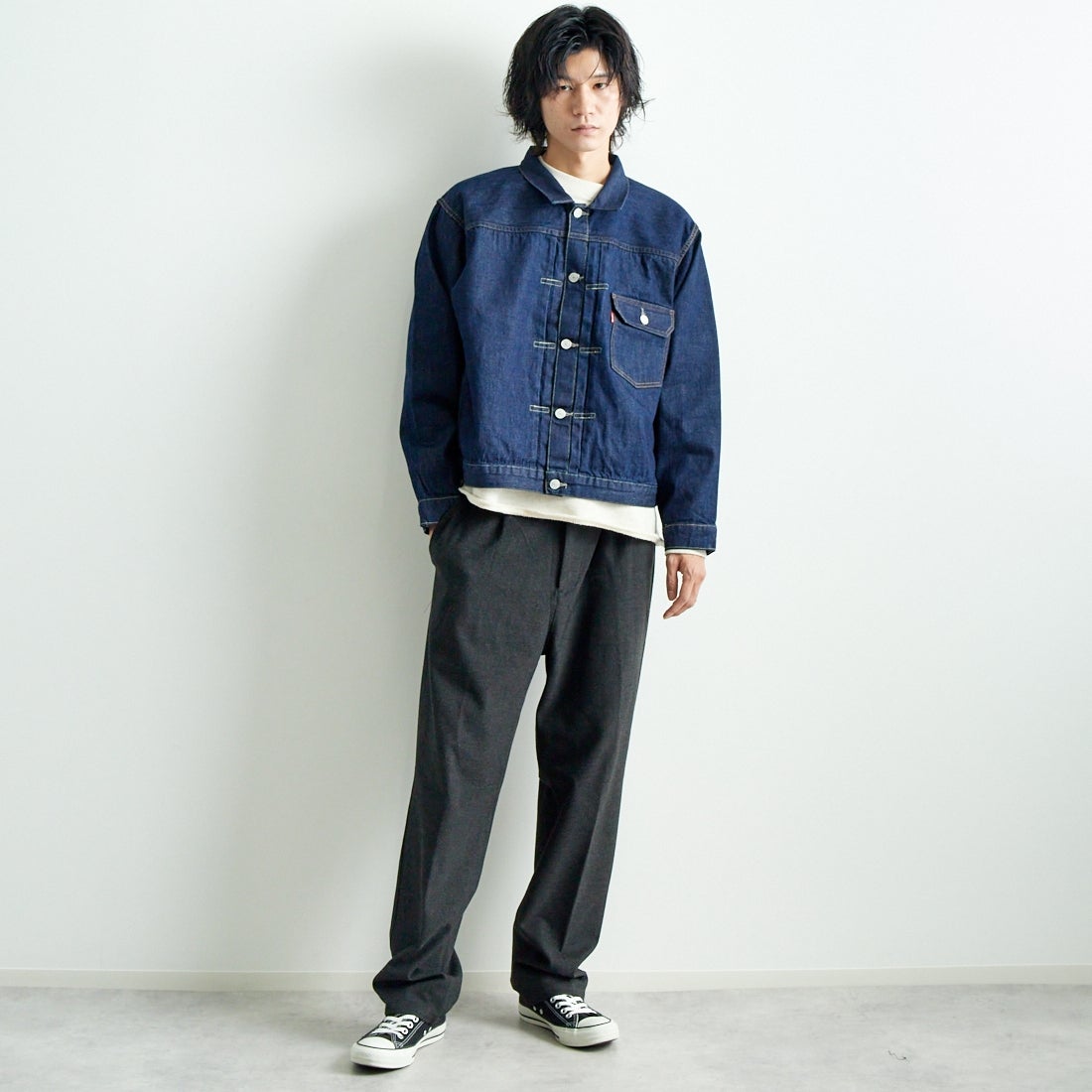 LEVIS Vintage Clothing [リーバイス ヴィンテージ クロージング] 1936モデル TYPE1ジャケット [0033E-00] 01 RINSE &&モデル身長：182cm 着用サイズ：L&&