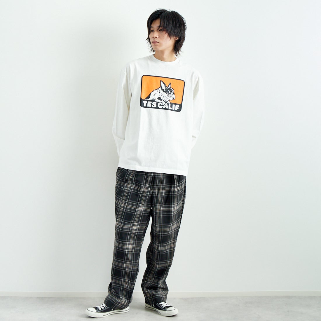 Noir Fabrik [ヌワールファブリック] T/Rツイルストレッチ チェックタックインパンツ [NF-243-055] BK BLK CHK &&モデル身長：182cm 着用サイズ：L&&