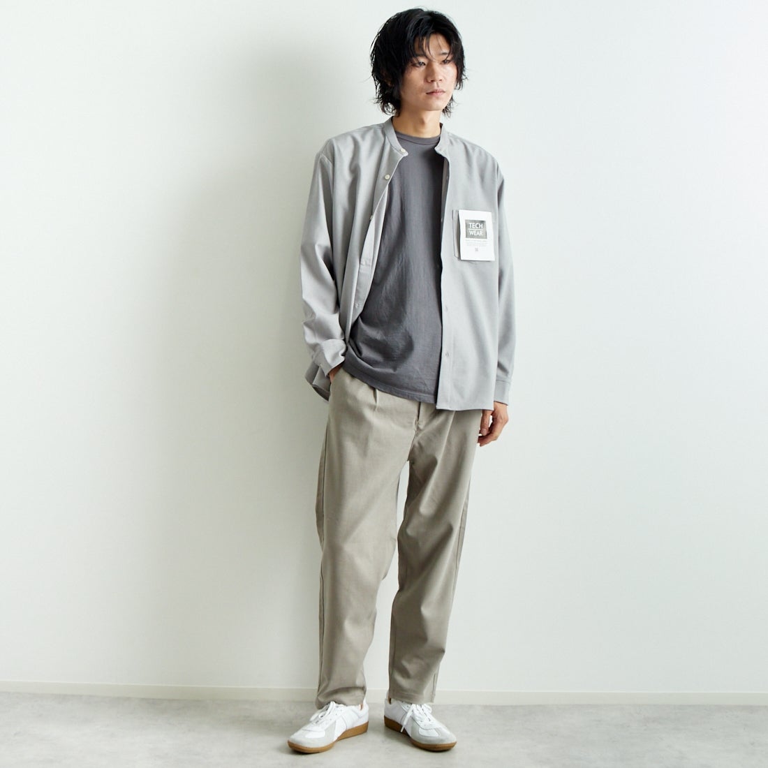 Jeans Factory Clothes [ジーンズファクトリークローズ] ウール混ストレッチワイドテーパードパンツ [JFC-243-054] 66 GRGE &&モデル身長：182cm 着用サイズ：L&&