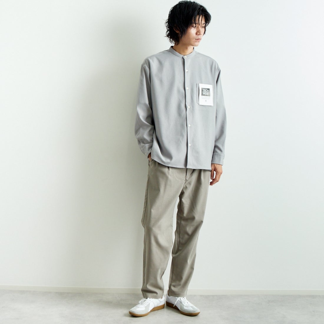 Jeans Factory Clothes [ジーンズファクトリークローズ] ウール混ストレッチワイドテーパードパンツ [JFC-243-054] 66 GRGE &&モデル身長：182cm 着用サイズ：L&&