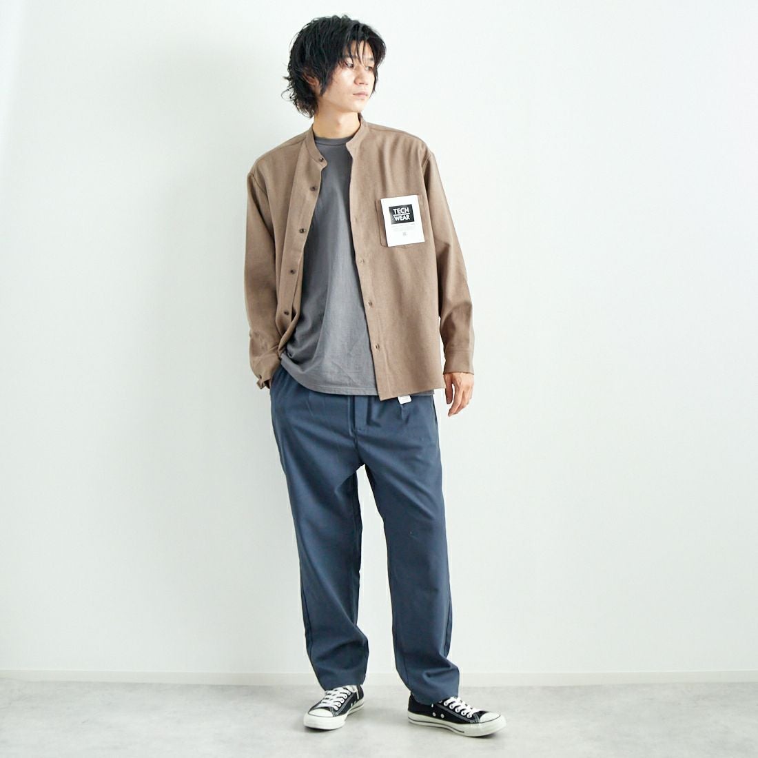 Jeans Factory Clothes [ジーンズファクトリークローズ] ウール混ストレッチワイドテーパードパンツ [JFC-243-054] 05 B.GRY &&モデル身長：182cm 着用サイズ：L&&