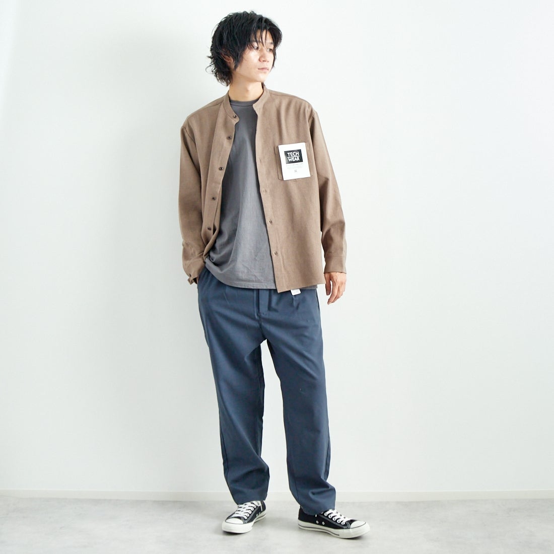 Jeans Factory Clothes [ジーンズファクトリークローズ] ウール混ストレッチワイドテーパードパンツ [JFC-243-054] 05 B.GRY &&モデル身長：182cm 着用サイズ：L&&
