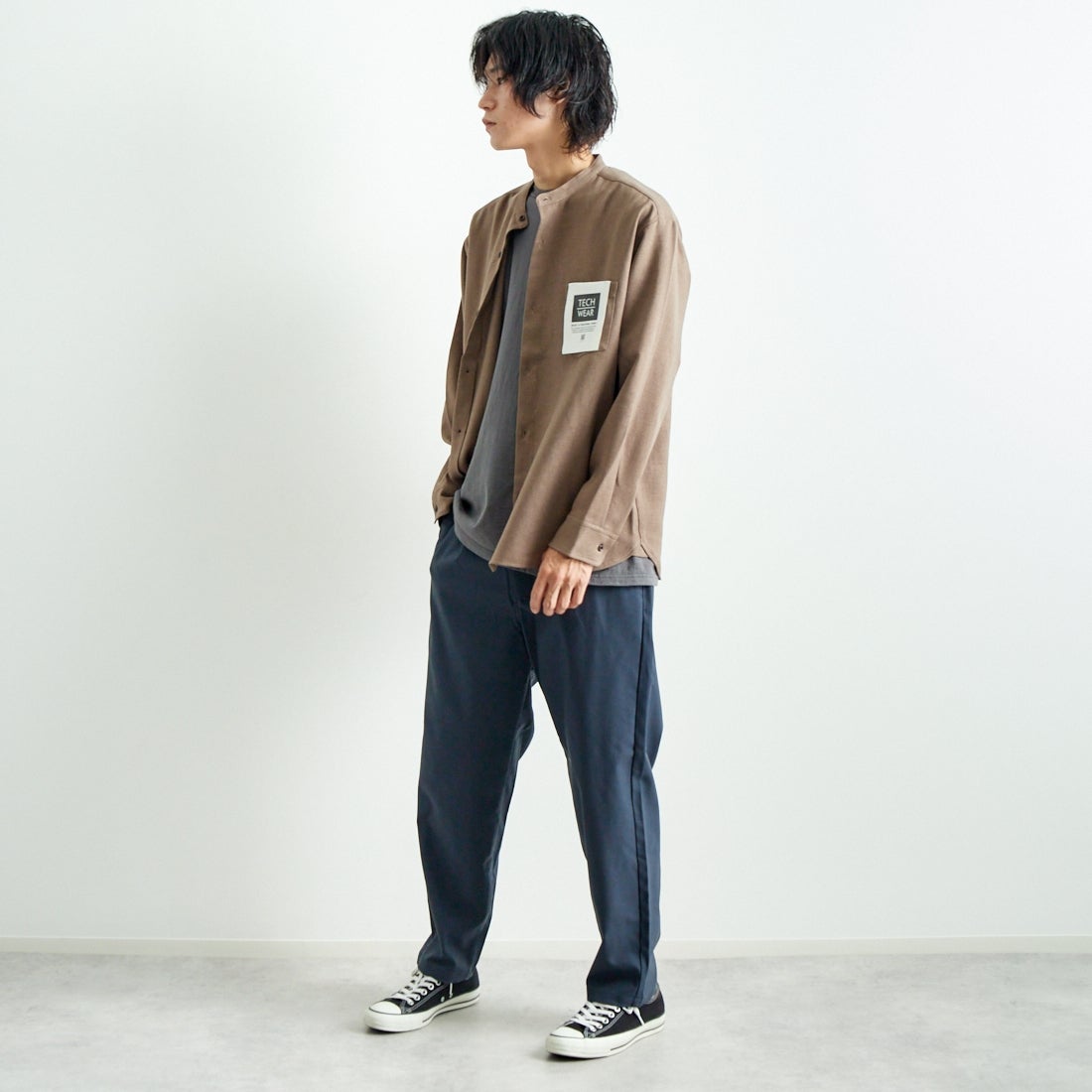 Jeans Factory Clothes [ジーンズファクトリークローズ] ウール混ストレッチワイドテーパードパンツ [JFC-243-054] 05 B.GRY &&モデル身長：182cm 着用サイズ：L&&