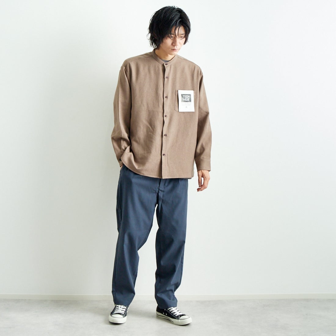 Jeans Factory Clothes [ジーンズファクトリークローズ] ウール混ストレッチワイドテーパードパンツ [JFC-243-054] 05 B.GRY &&モデル身長：182cm 着用サイズ：L&&