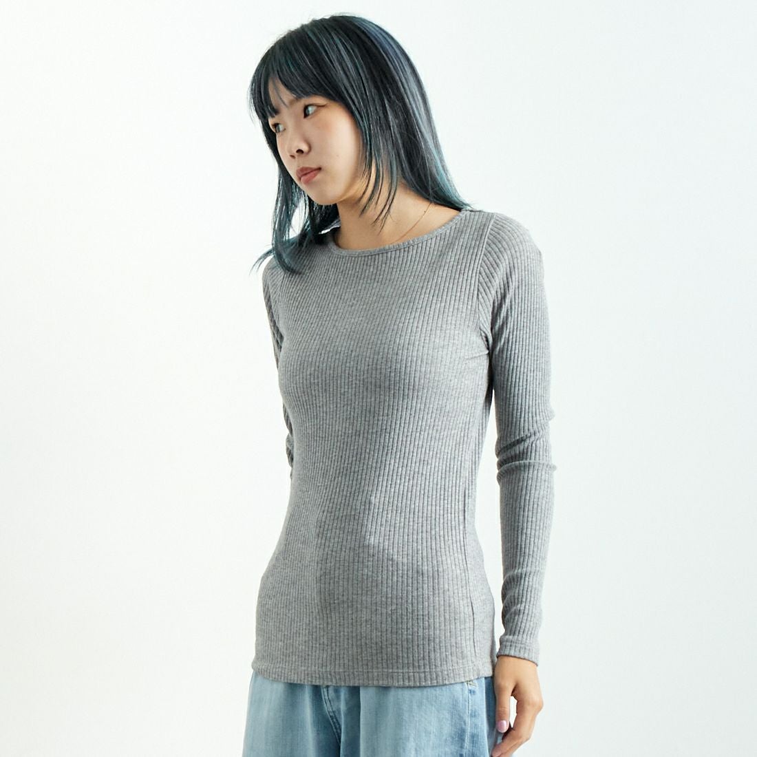 Noir Fabrik [ヌワールファブリック] ボートネックリブカットソー [JFW-C051] TOP.GRAY &&モデル身長：167cm 着用サイズ：0&&