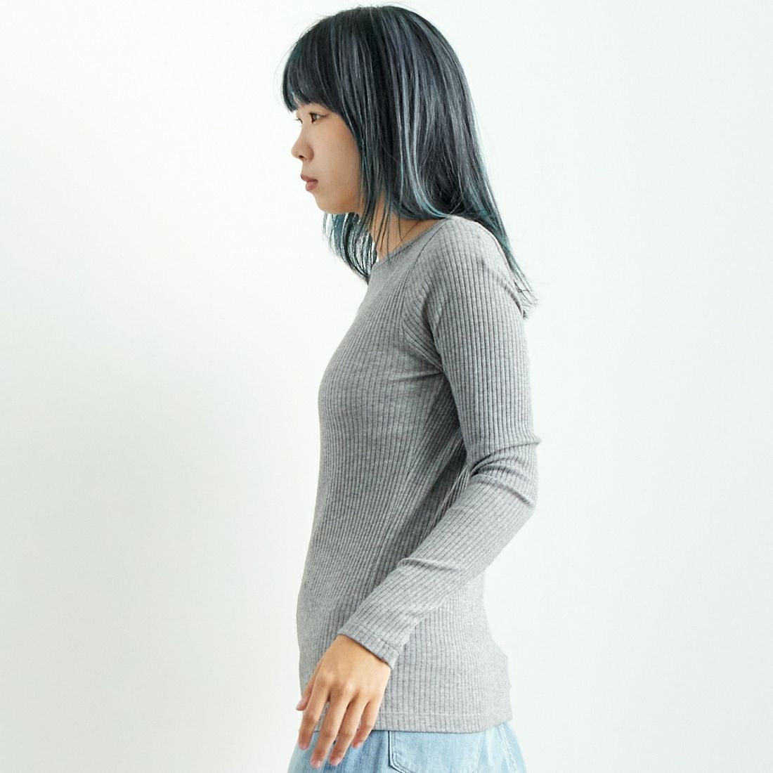 Noir Fabrik [ヌワールファブリック] ボートネックリブカットソー [JFW-C051] TOP.GRAY &&モデル身長：167cm 着用サイズ：0&&