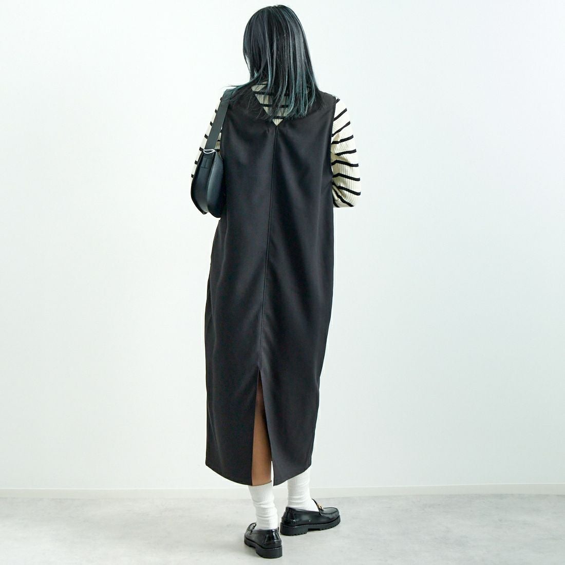 Jeans Factory Clothes [ジーンズファクトリークローズ] チェックVネックワンピース [21243057] 004 ﾌﾞﾗｯｸ &&モデル身長：167cm 着用サイズ：F&&