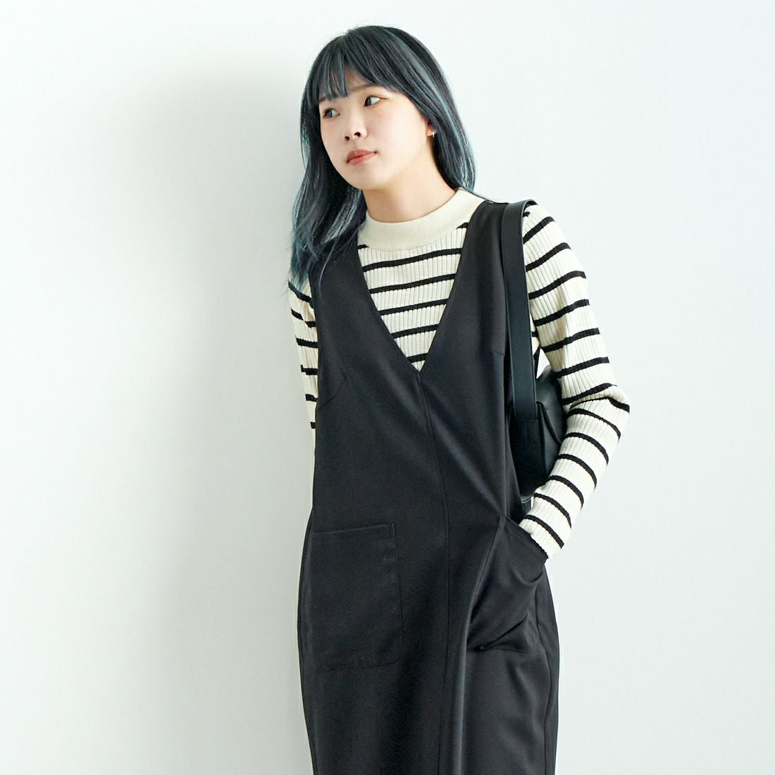 Jeans Factory Clothes [ジーンズファクトリークローズ] チェックVネックワンピース [21243057] 004 ﾌﾞﾗｯｸ &&モデル身長：167cm 着用サイズ：F&&