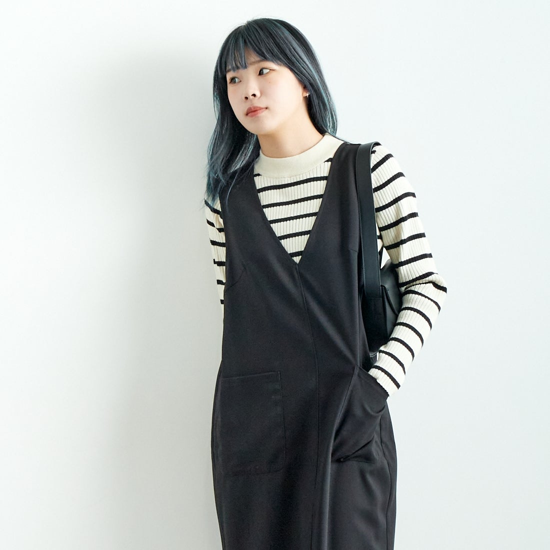 Jeans Factory Clothes [ジーンズファクトリークローズ] チェックVネックワンピース [21243057] 004 ﾌﾞﾗｯｸ &&モデル身長：167cm 着用サイズ：F&&