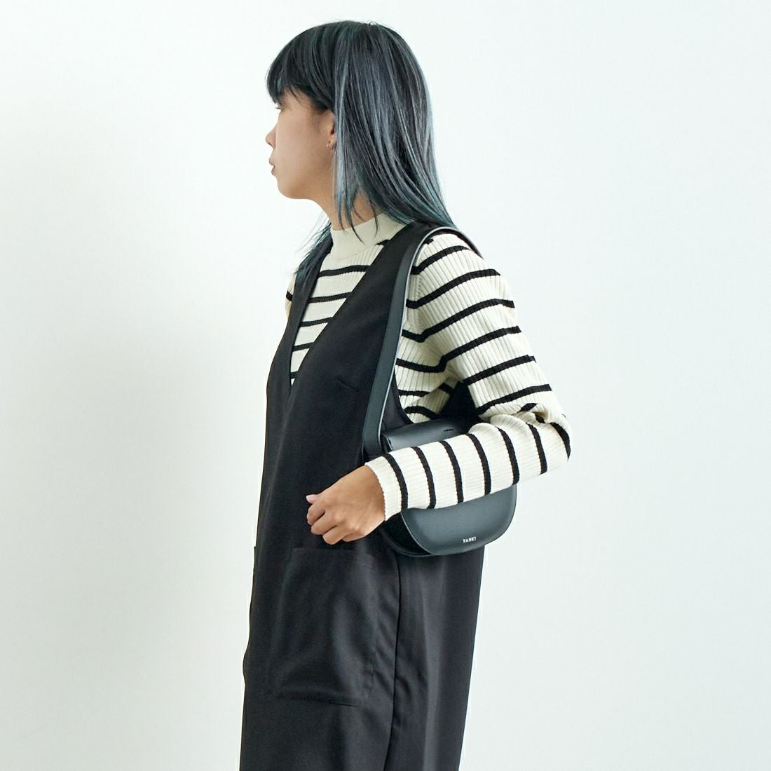 Jeans Factory Clothes [ジーンズファクトリークローズ] チェックVネックワンピース [21243057] 004 ﾌﾞﾗｯｸ &&モデル身長：167cm 着用サイズ：F&&