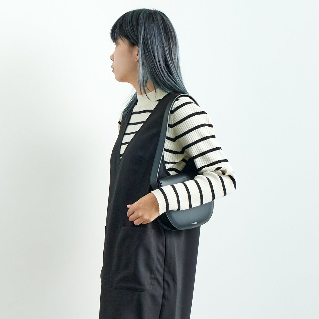 Jeans Factory Clothes [ジーンズファクトリークローズ] チェックVネックワンピース [21243057] 004 ﾌﾞﾗｯｸ &&モデル身長：167cm 着用サイズ：F&&