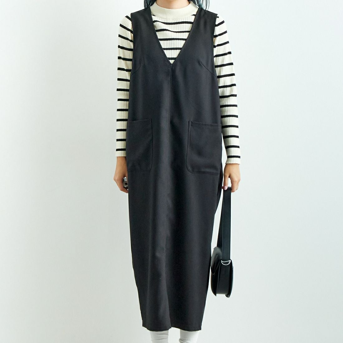 Jeans Factory Clothes [ジーンズファクトリークローズ] チェックVネックワンピース [21243057] 004 ﾌﾞﾗｯｸ &&モデル身長：167cm 着用サイズ：F&&