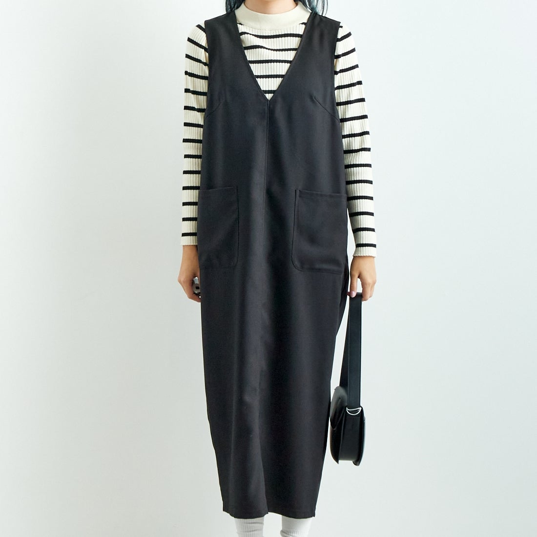 Jeans Factory Clothes [ジーンズファクトリークローズ] チェックVネックワンピース [21243057] 004 ﾌﾞﾗｯｸ &&モデル身長：167cm 着用サイズ：F&&